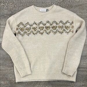 PLACE Sequin Heart & Zigzag Gold & Silver Accent Cream Sweater Girls 10/12